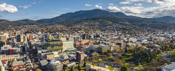 Hobart's Central Business District from the air, against Mount Wellington from the air
